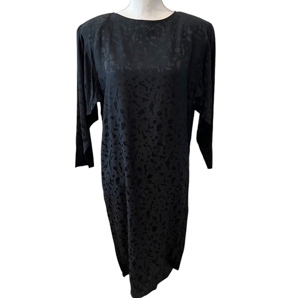 Vintage 80s Robert Sandel Animal Print Silk Jacquard Dress Black 6